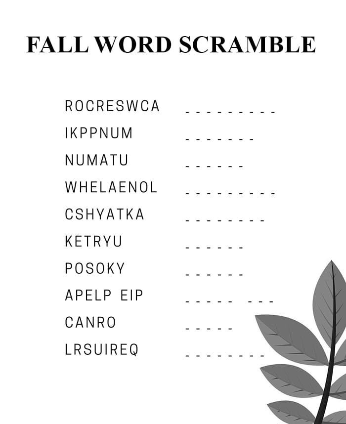 Printable Fall Word Scramble For Adults