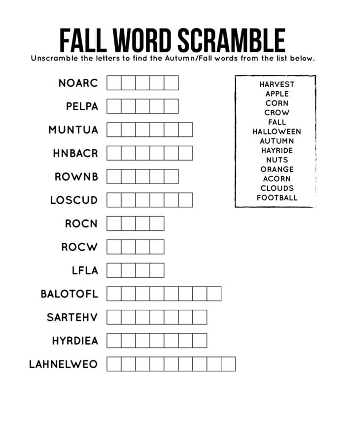 Printable Fall Word Scramble Game