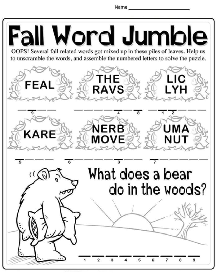 Printable Fall Word Scramble Jumble