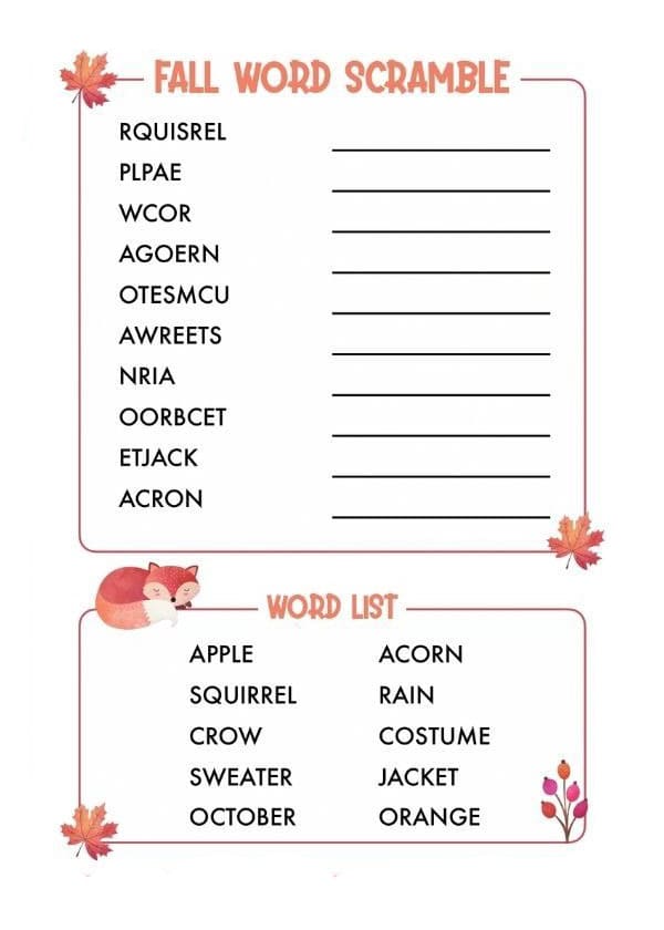 Printable Fall Word Scramble List