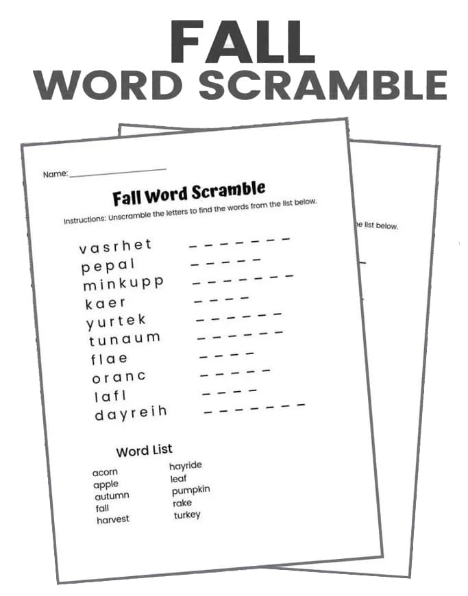 Printable Fall Word Scramble Online