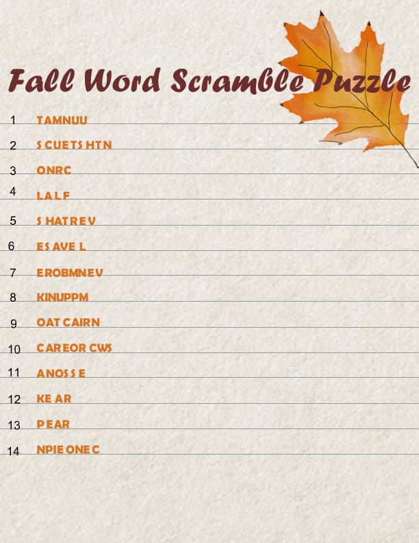 Printable Fall Word Scramble Template