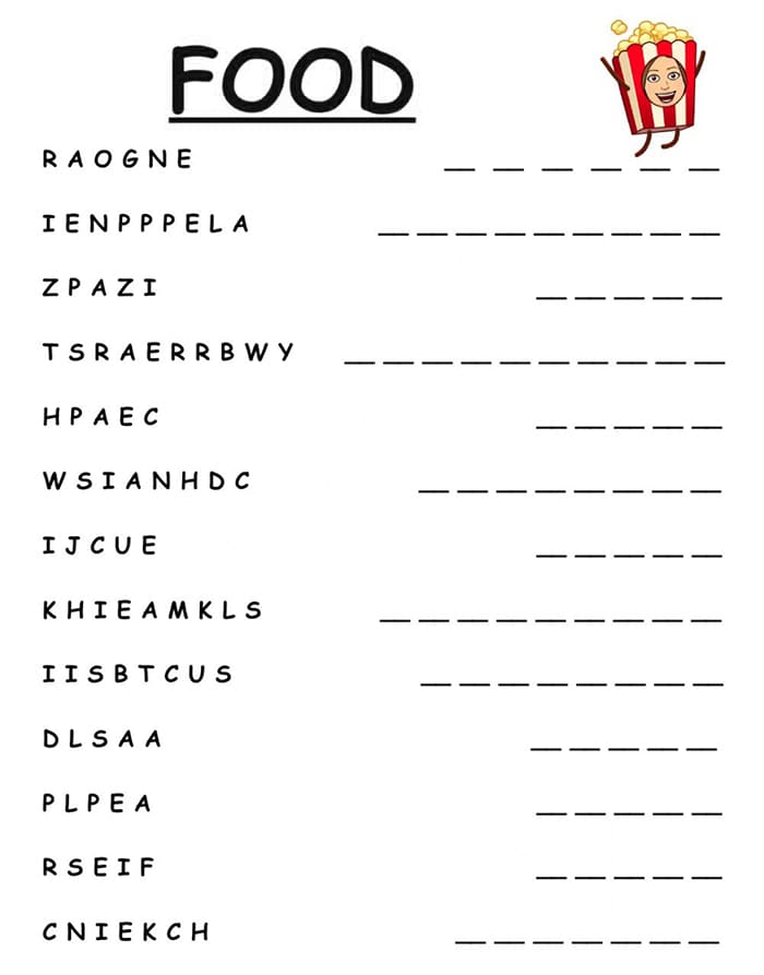 Printable Food Word Scramble By Letters