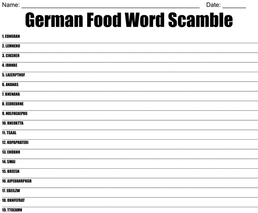 Printable Food Word Scramble Region