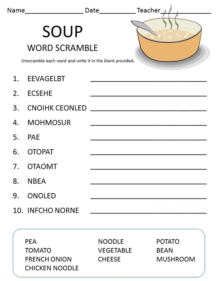 Printable Food Word Scramble Template