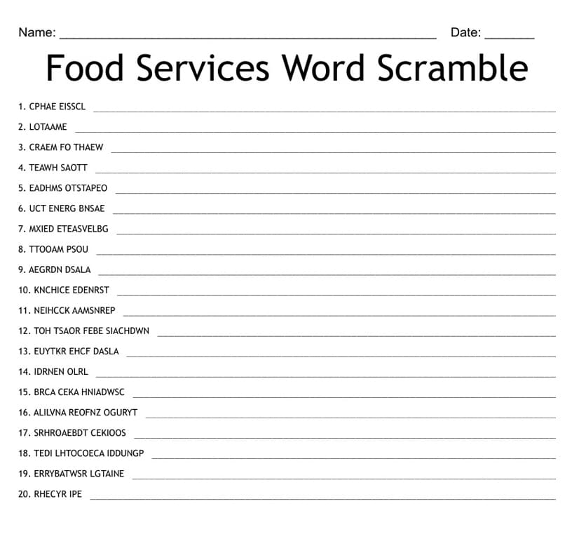 Printable Food Word Scramble Today