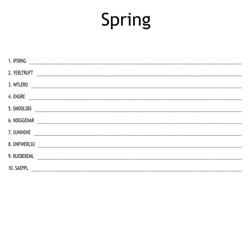 Printable Free Spring Word Scramble