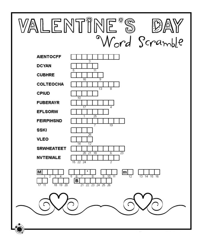 Printable Free Valentine Word Scramble