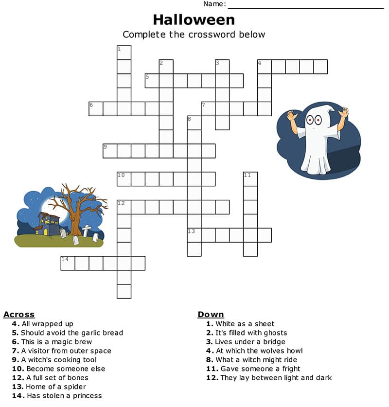 Printable Halloween Crossword Puzzle Worksheet