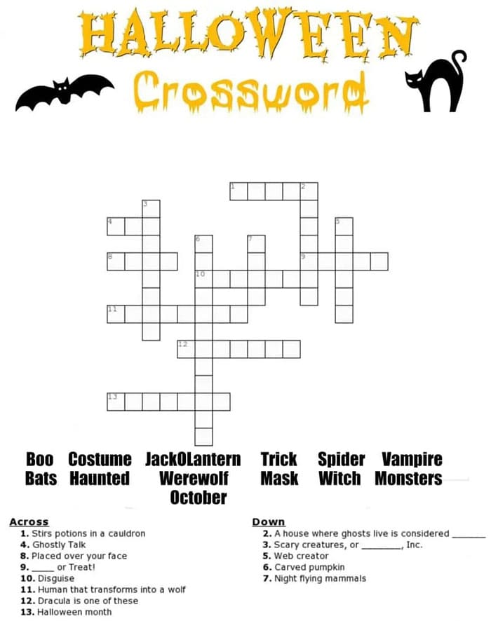 Printable Halloween Crossword Puzzles Answer Key