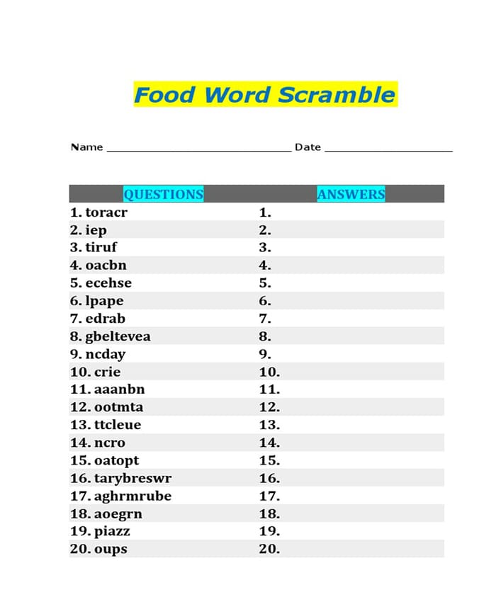 Printable Scramble Word Of Food