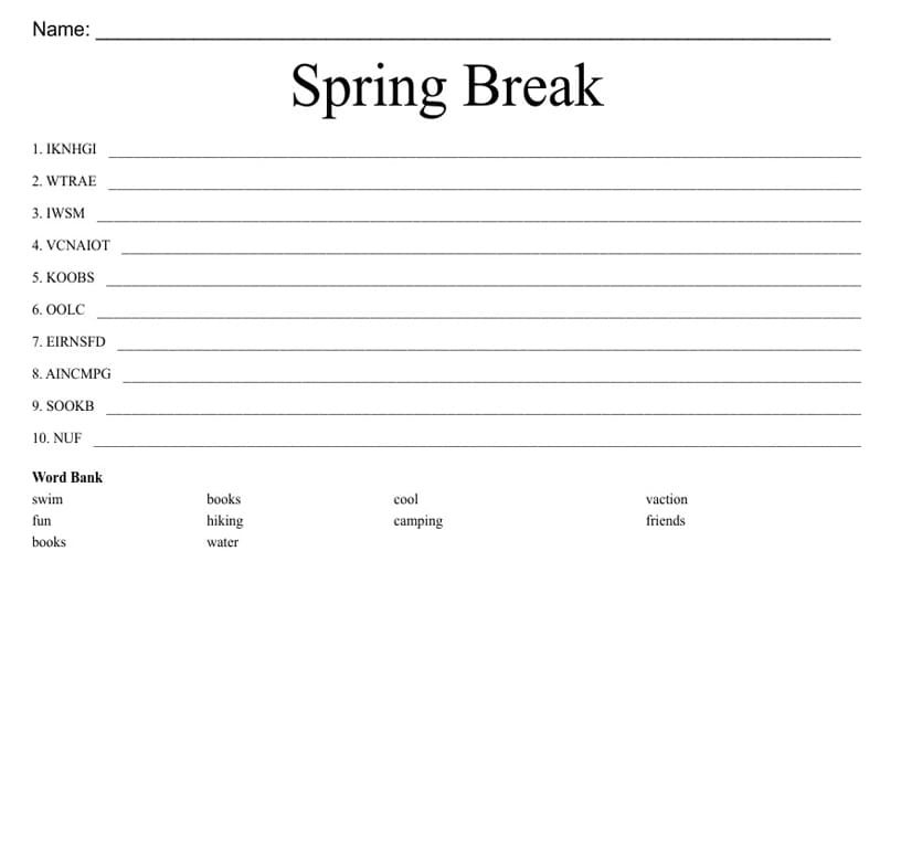 Printable Spring Break Word Scramble