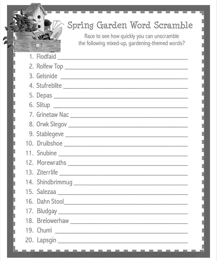 Printable Spring Garden Word Scramble
