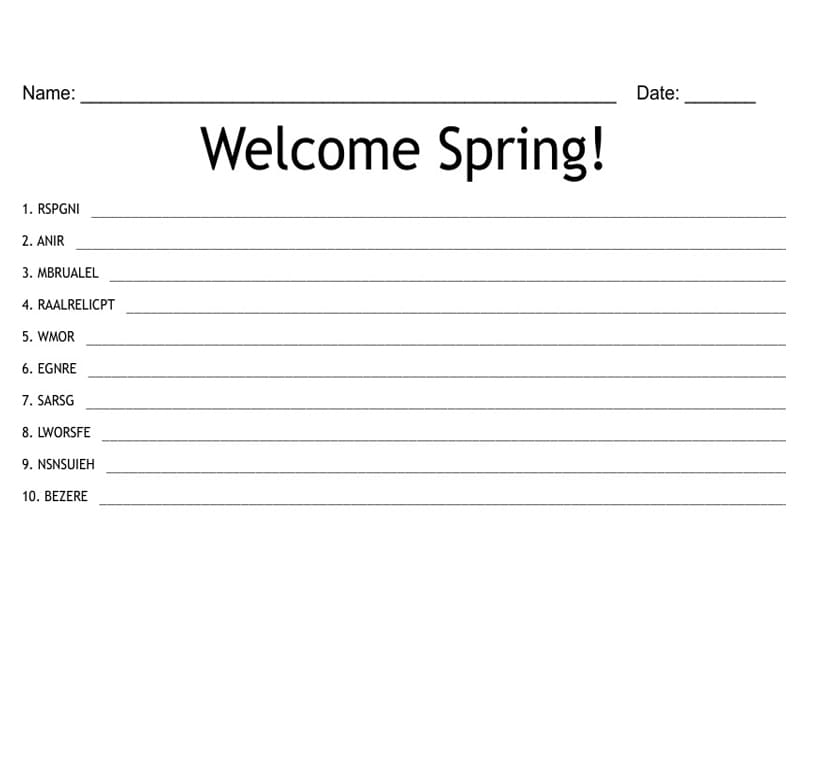 Printable Spring Weather Word Scramble