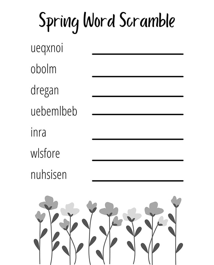 Printable Spring Word Scramble 7 Letters