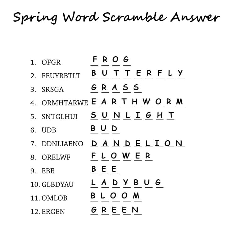 Printable Spring Word Scramble Answer Key