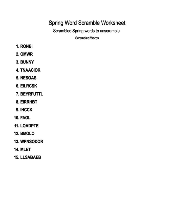 Printable Spring Word Scramble Worksheet