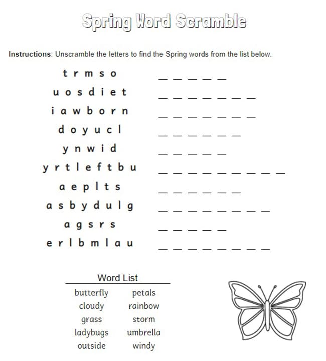 Printable Spring Words Scramble