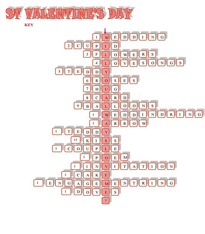 Printable St Valentine Crossword Puzzles