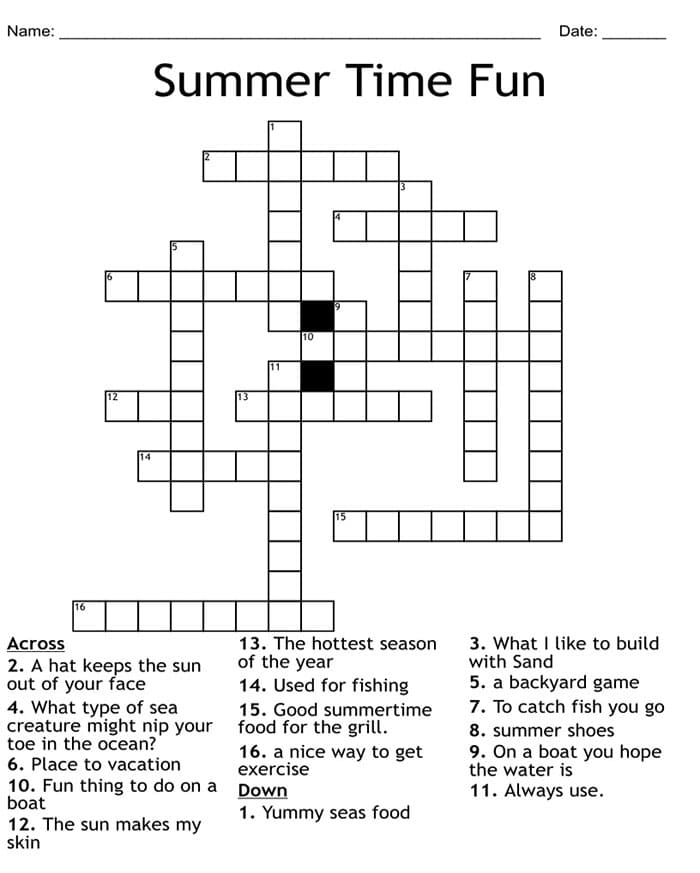 Printable Summer Crossword Puzzles Quiz
