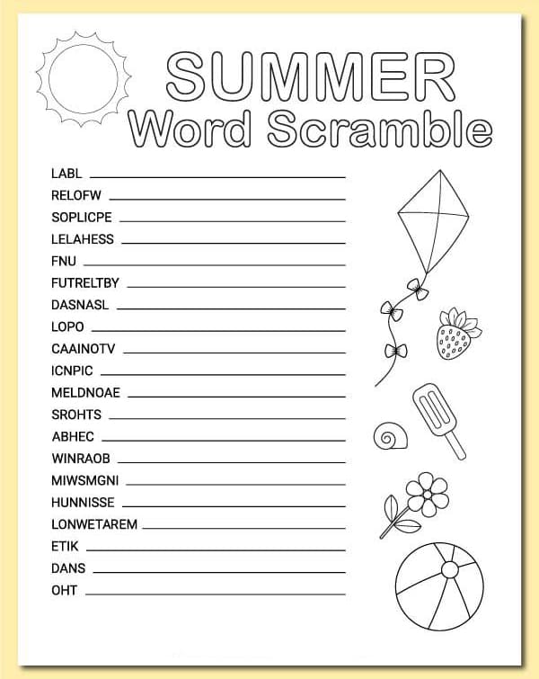 Printable Summer Fun Word Scramble