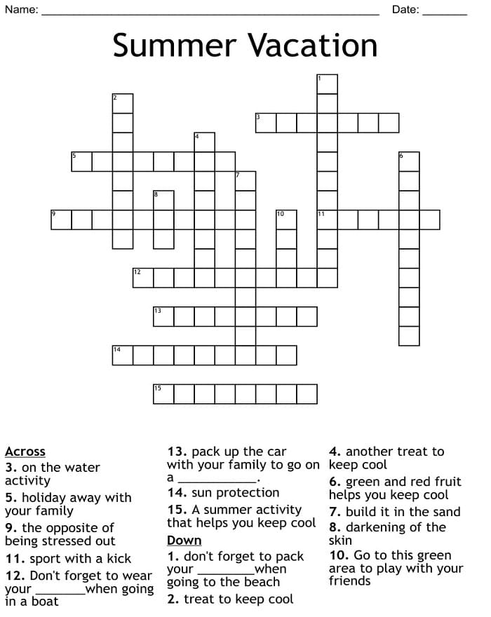 Printable Summer Vacation Crossword Puzzles
