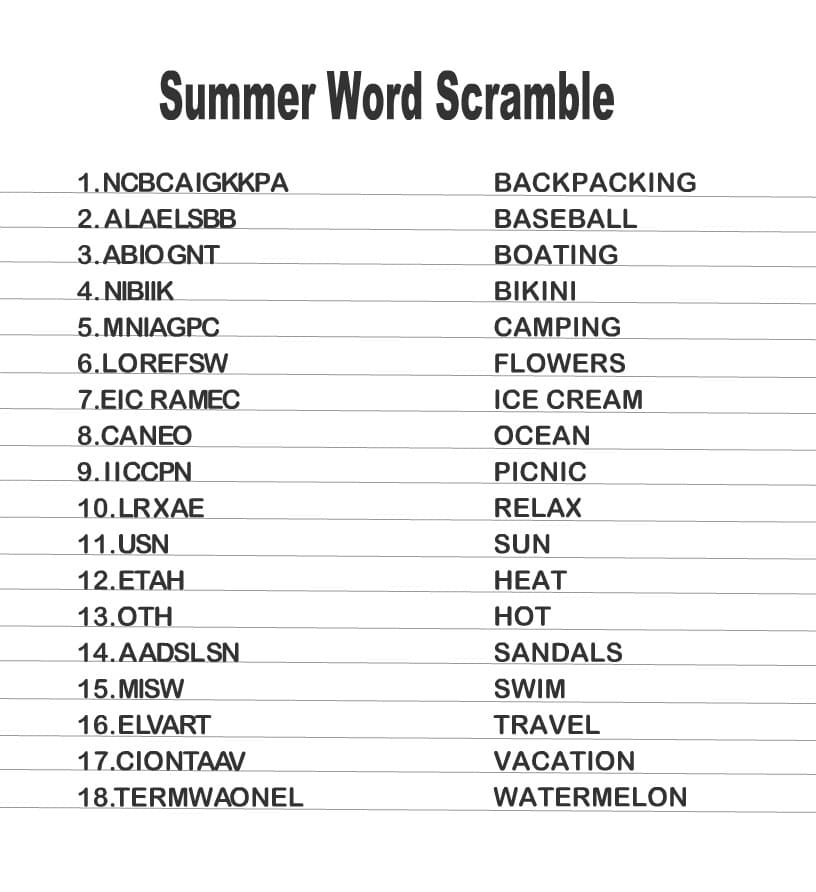 Printable Summer Word Scramble Hard