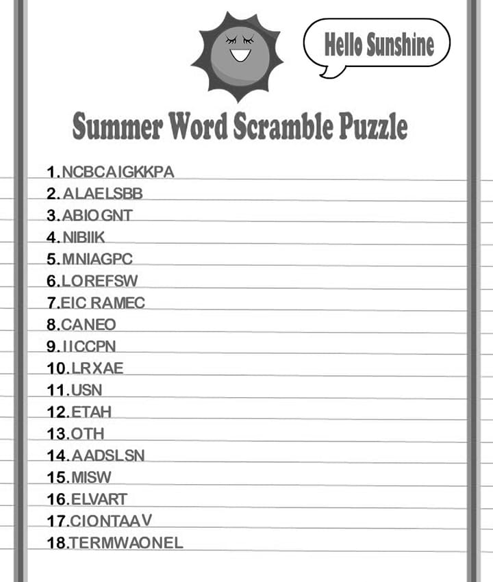 Printable Summer Word Scramble Puzzles