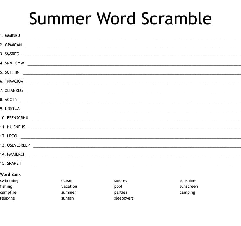 Printable Summer Word Scramble Quiz