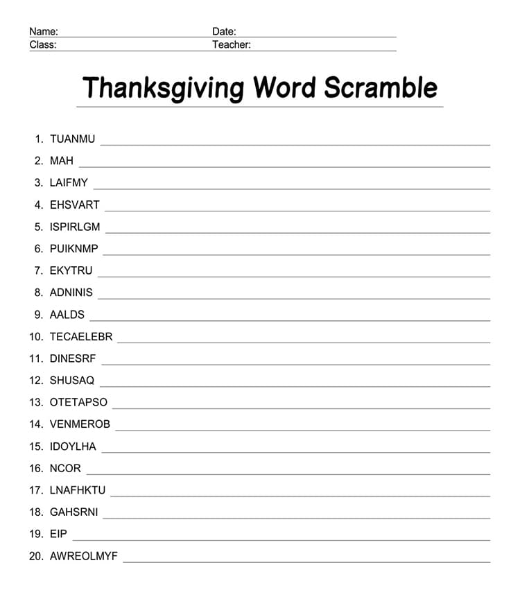 Printable Thanksgiving Word Scramble 2022