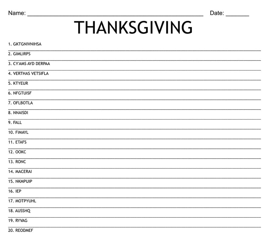 Printable Thanksgiving Word Scramble Big