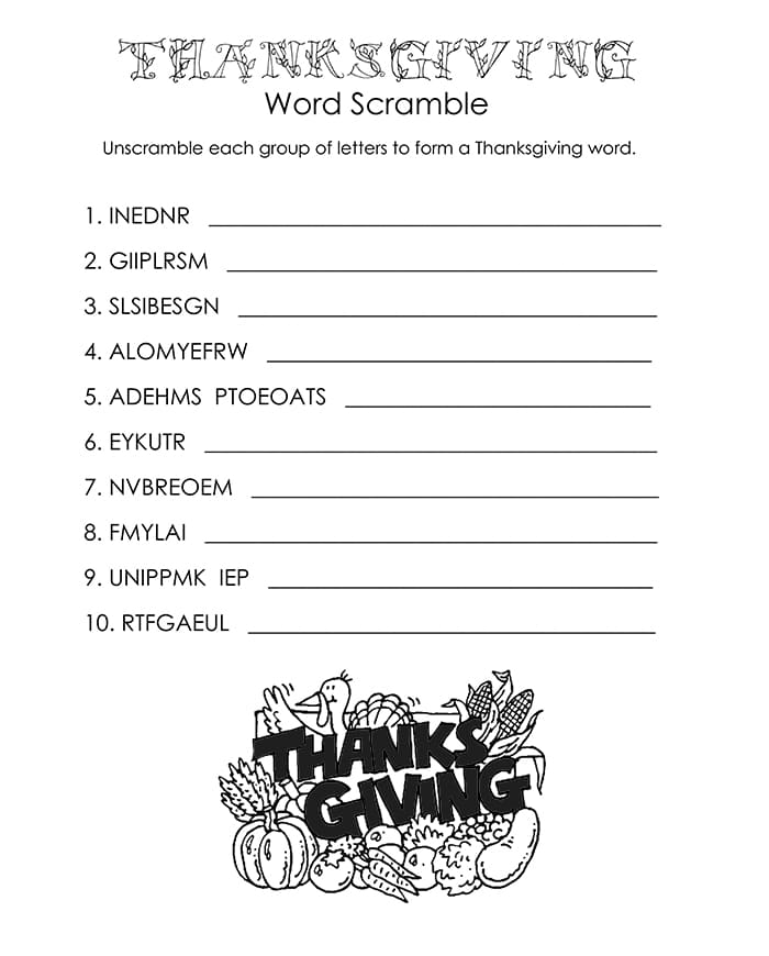 Printable Thanksgiving Word Scramble Blank