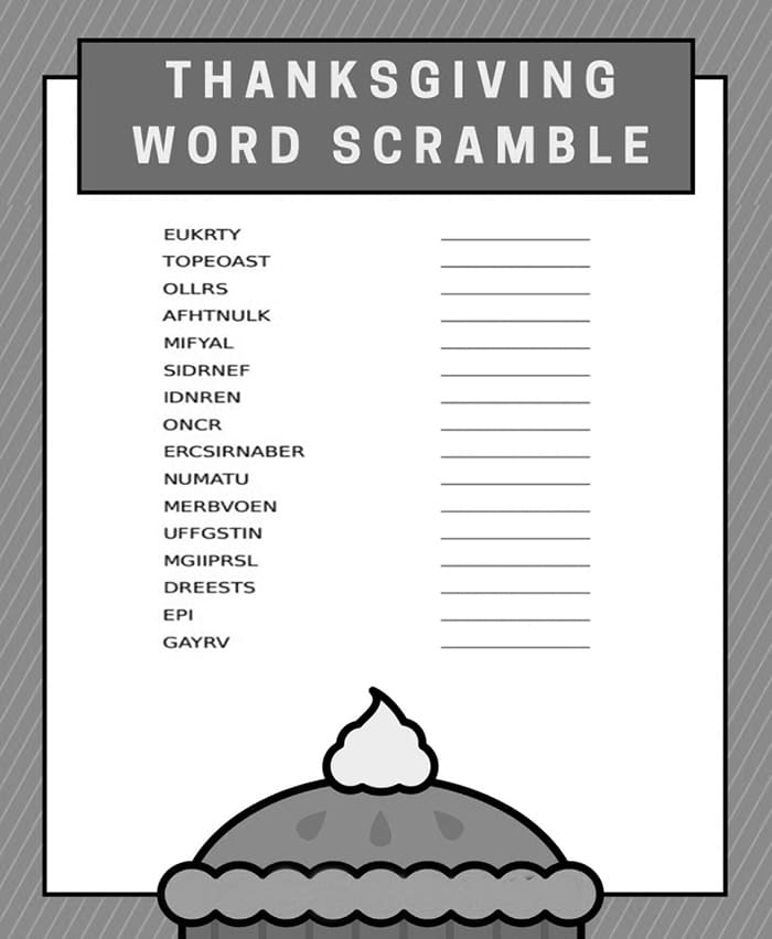 Printable Thanksgiving Word Scramble Junior