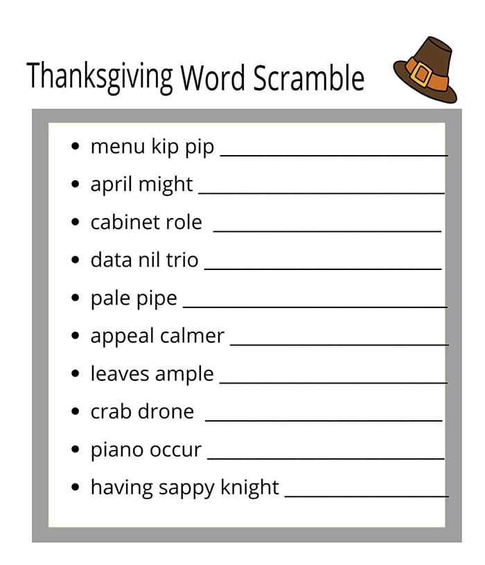 Printable Thanksgiving Word Scramble Quiz