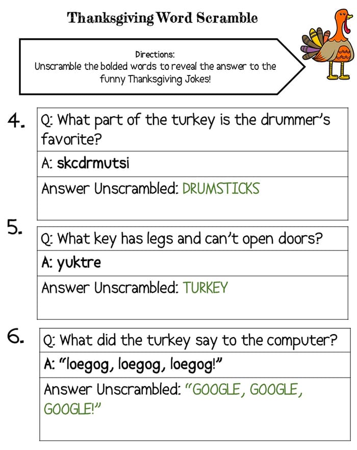 Printable Thanksgiving Word Scramble With Answers