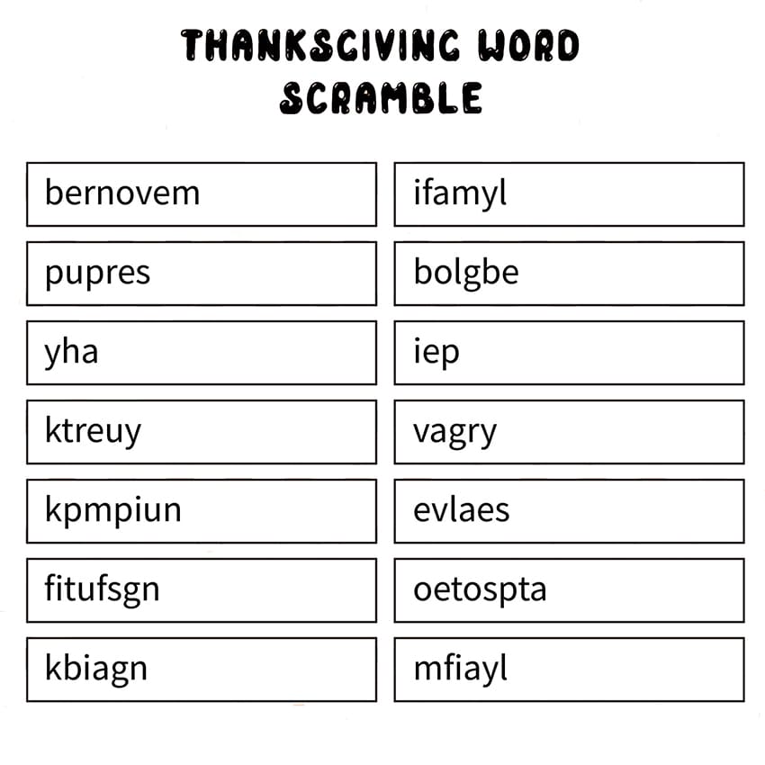 Printable Thanksgiving Word Scramble Words