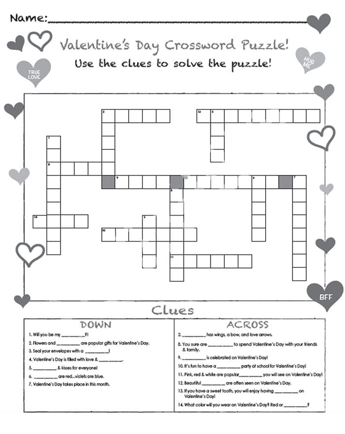 Printable Valentine Crossword Puzzles Game