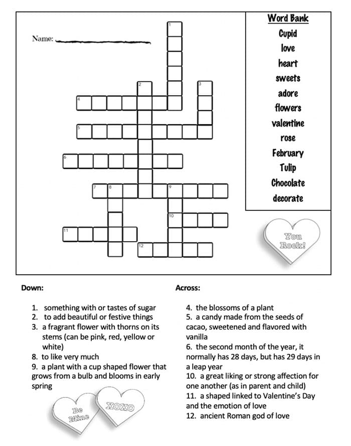 Printable Valentine Crossword Puzzles Quiz