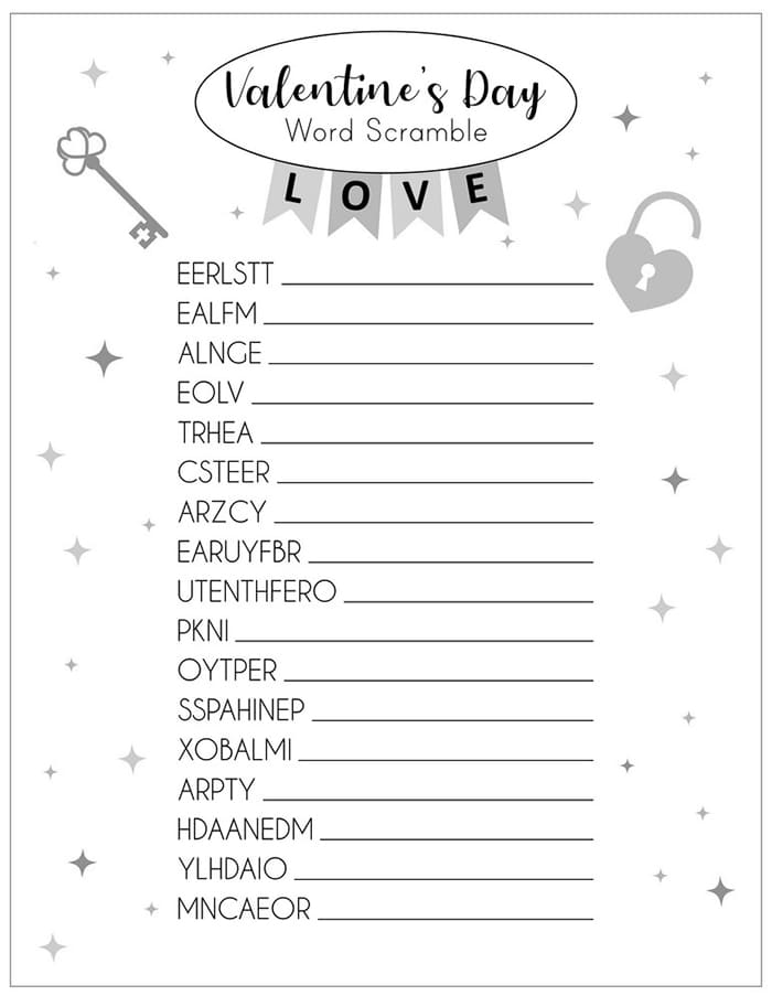 Printable Valentine Word Scramble 6th Grade