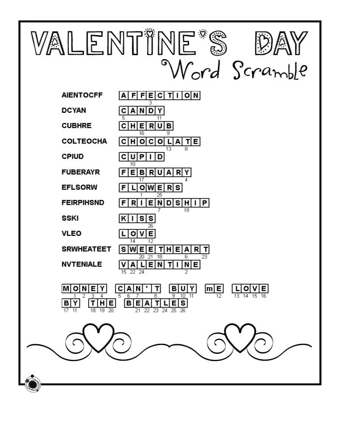 Printable Valentine Word Scramble And Answers
