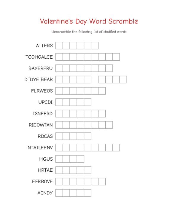 Printable Valentine Word Scramble Quiz