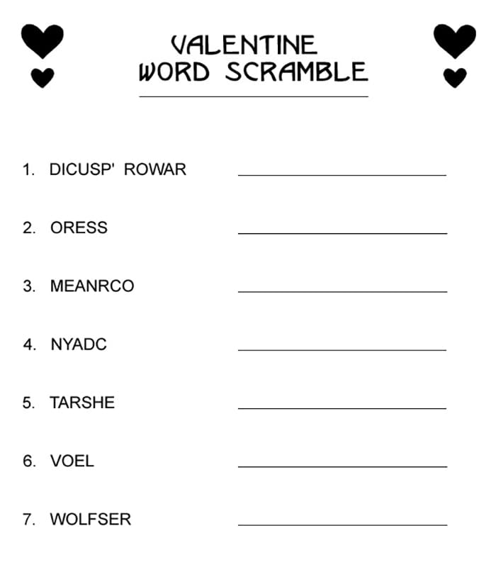 Printable Valentine's Day Word Scramble Adults