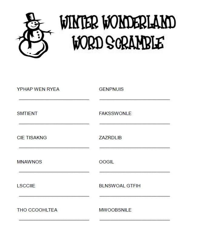 Printable Winter Wonderland Word Scramble Answers