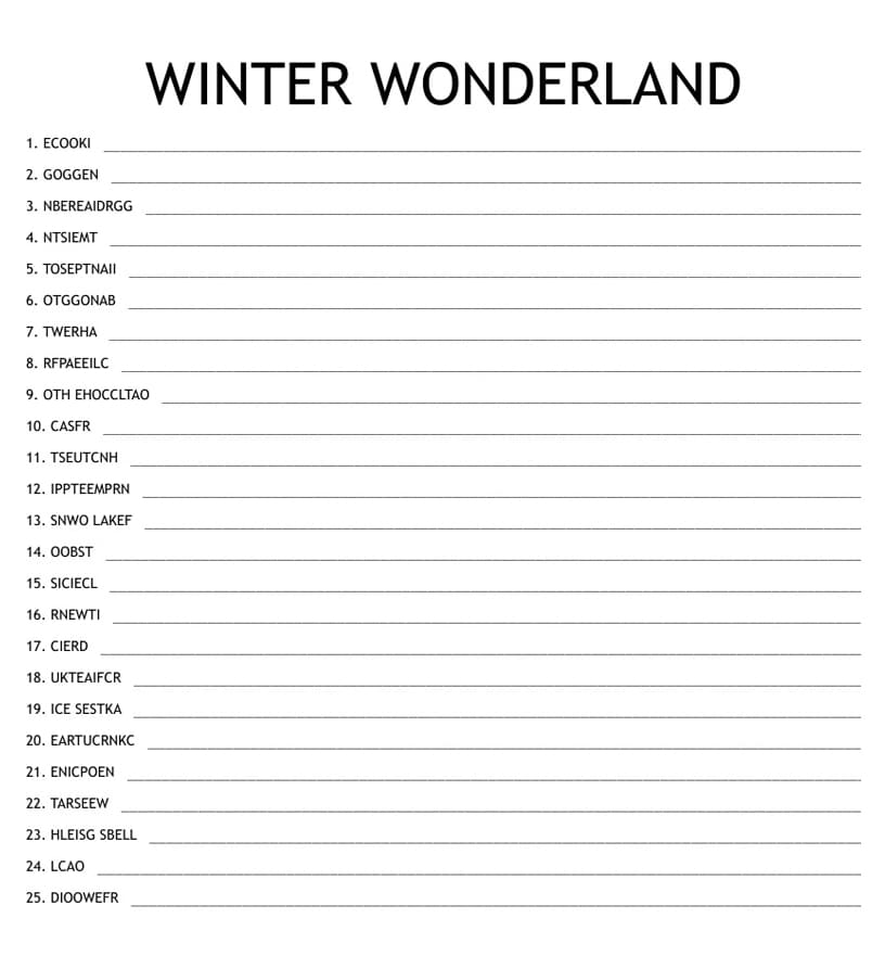 Printable Winter Wonderland Word Scramble