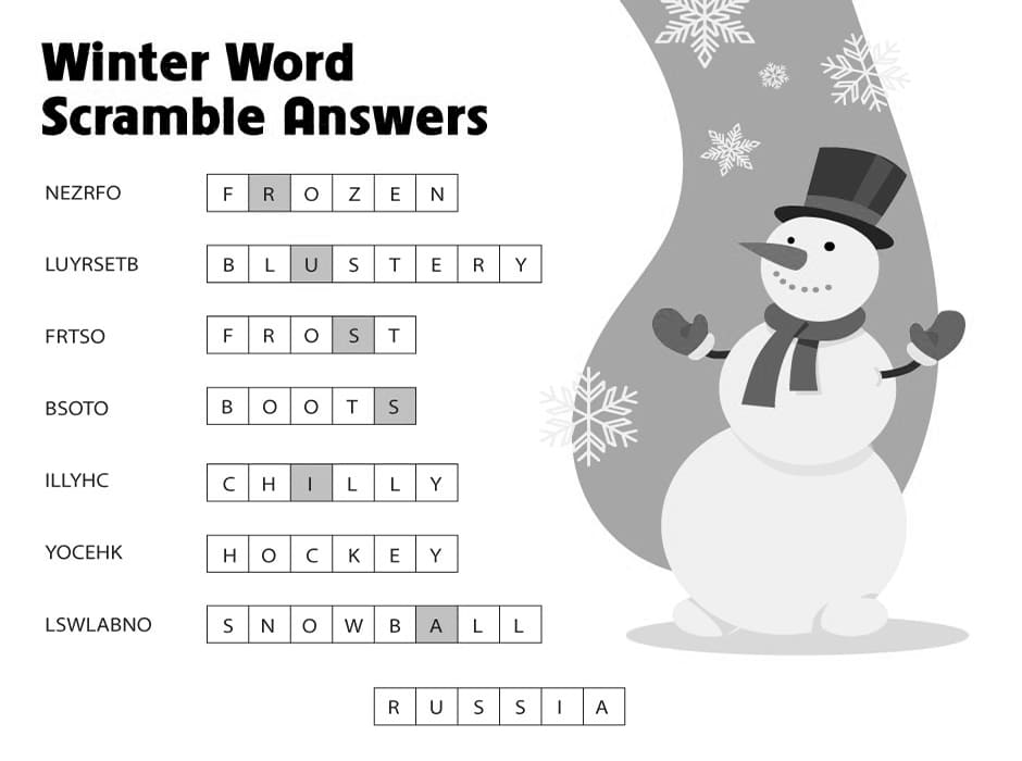 Printable Winter Word Scramble Answers