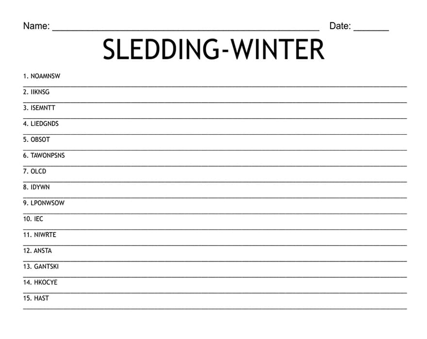 Printable Winter Word Scramble Name