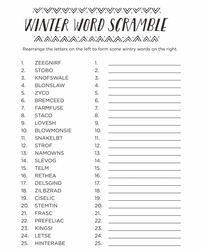 Printable Winter Word Scramble Quiz