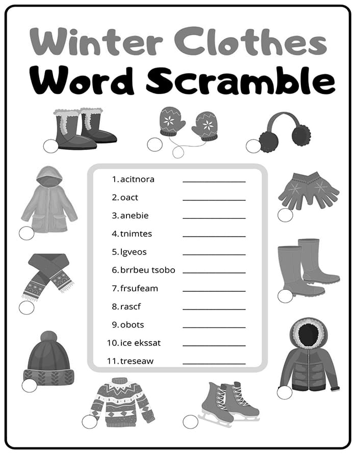 Printable Winter Word Scramble Related Words