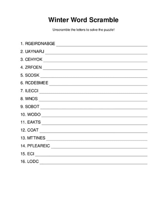Printable Winter Word Scramble Using Letters