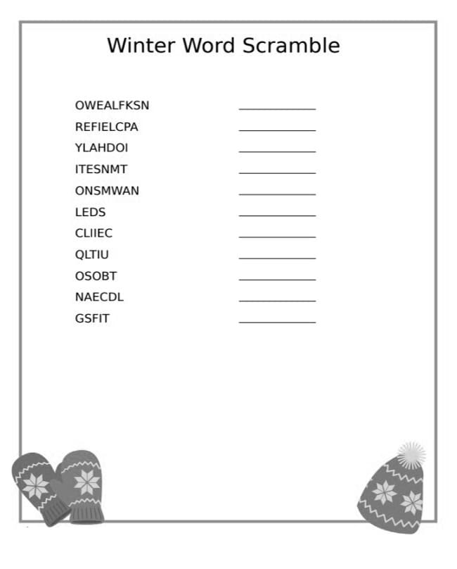Printable Winter Word Scramble Worksheet